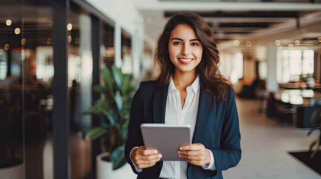 Mortgage adviser holding a tablet in a modern office