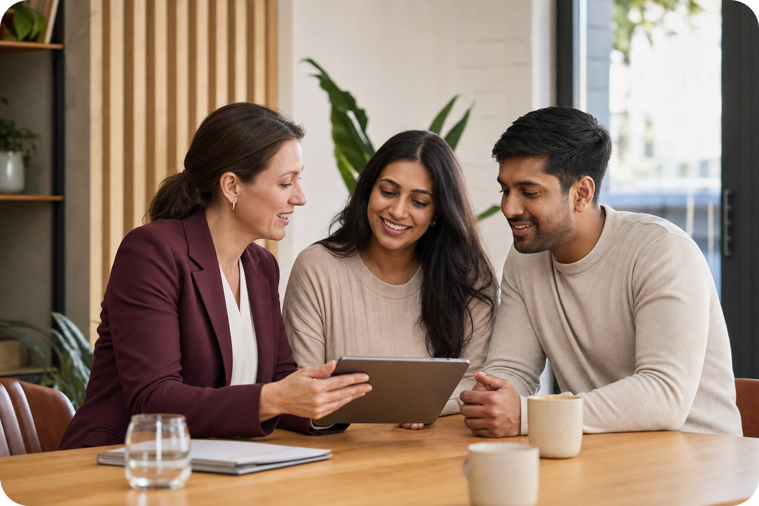 Mortgex adviser helping a couple review loan options on a tablet