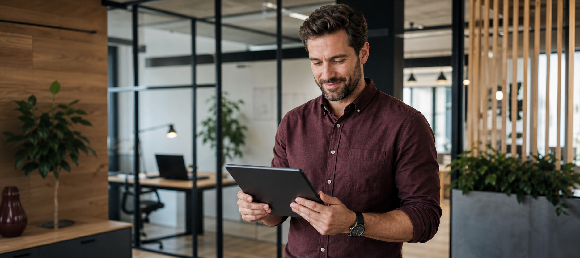 A business owner reviewing finance plans on a tablet