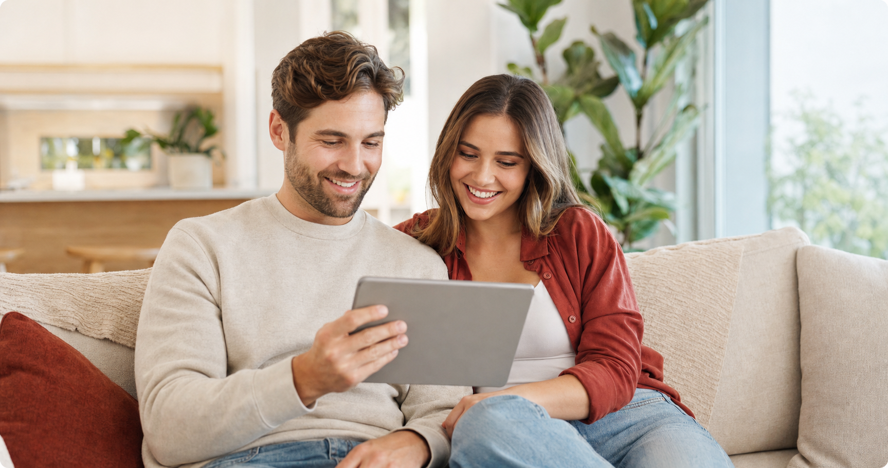 A happy couple reviewing home-loan information together on a tablet
