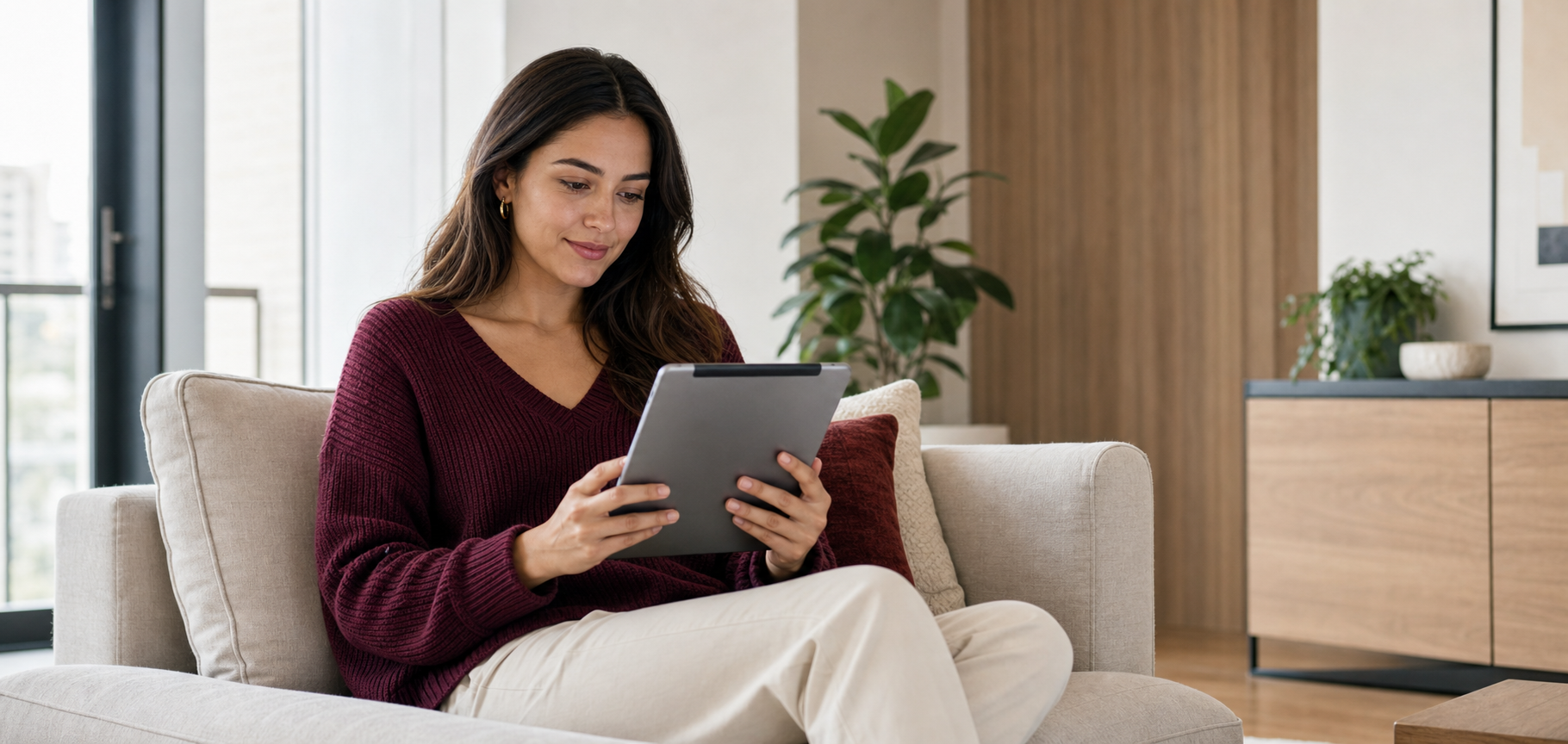 A woman reviewing personal-loan options on her tablet