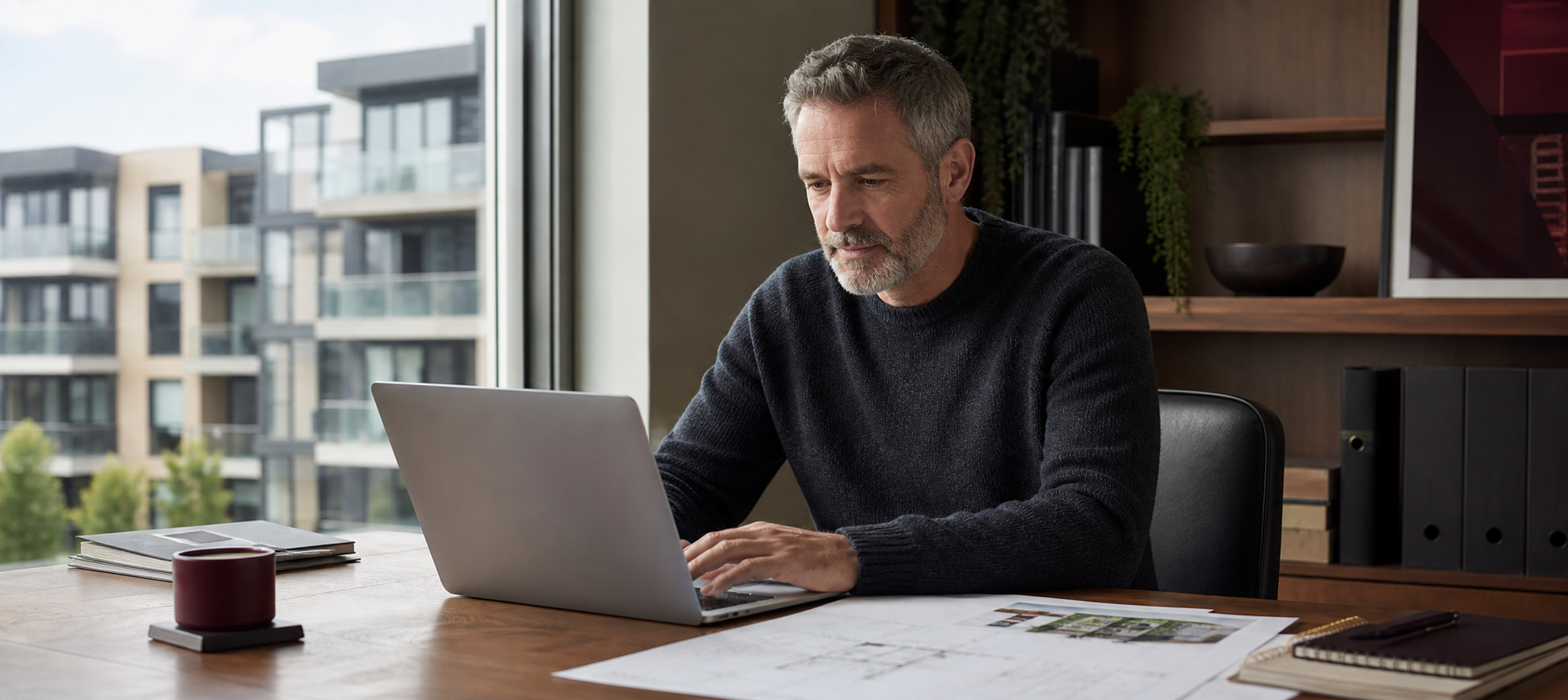 An SMSF trustee reviewing an investment-property plan on a laptop